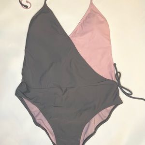 true craft womens one piece halter swimsuit pink/grey sz M Side Tie Color Block.